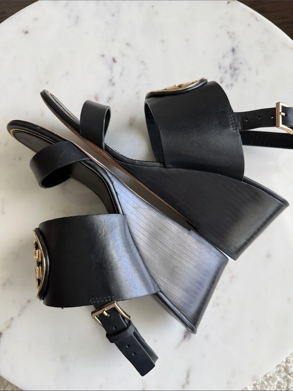 Tory Burch Miller Black Wedge Sandals with Gold Emblem Size 7.5
